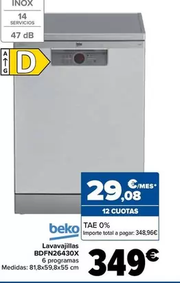 Oferta de Beko - Lavavajillas BDFN26430X por 349€ en Carrefour