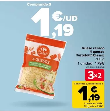 Oferta de Carrefour - Queso Rallado 4 Quesos Classic por 1,79€ en Carrefour