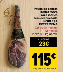 Oferta de Nobleza Extremeña - Paleta De Bellota Ibérica 100% Raza Ibérica Semideshuesada  por 115€ en Carrefour