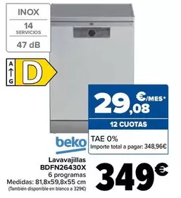 Oferta de Beko - Lavavajillas BDFN26430X por 349€ en Carrefour