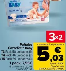 Oferta de Carrefour Baby - Pañales  T3 Pack 50 Unidades (1) T4 Pack 46 Unidades (2) O T5 Pack 39 Unidades (3) por 7,55€ en Carrefour