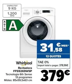 Oferta de Whirlpool - Lavadora FFS9269WSP por 379€ en Carrefour