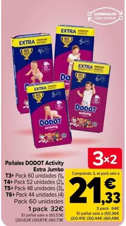 Oferta de Dodot - Pañales Activity Extra Jumbo T3+ por 32€ en Carrefour