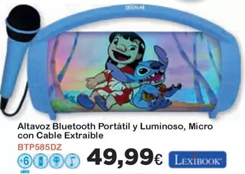 Oferta de Lexibook - Altavoz Bluetooth Portátil Y Luminoso, Micro Con Cable Extraible por 49,99€ en Jugueterias Innovatoys