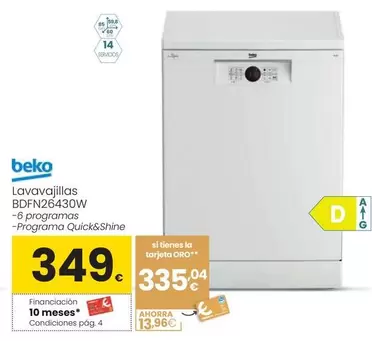 Oferta de Beko - Lavavajillas BDFN26430W por 349€ en Eroski