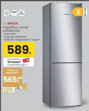 Oferta de Bosch - Frigorífico Combi KGN36VLEA por 589€ en Eroski