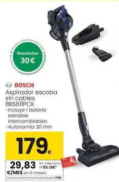 Oferta de Bosch - Aspirador Escoba Sin Cables BBS611PCK por 179€ en Eroski