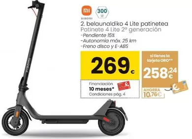 Oferta de Xiaomi - Patinete 4 Lite 2a Generación por 269€ en Eroski