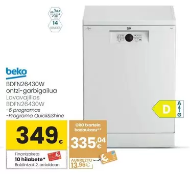 Oferta de Beko - Lavavajillas BDFN26430W por 349€ en Eroski