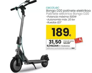 Oferta de Cecotec - Patinete Eléctrico Bongo D20 por 189€ en Eroski