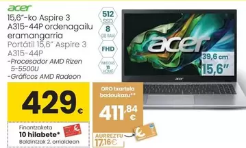 Oferta de Acer - Portátil Aspire 3 A315-44P por 429€ en Eroski