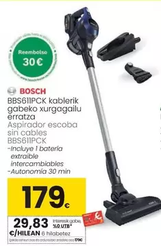 Oferta de Bosch - Aspirador Escoba Sin Cables BBS611PCK por 179€ en Eroski