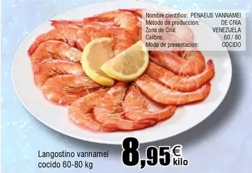 Oferta de Langostino Vannamei Cocido por 8,95€ en Froiz