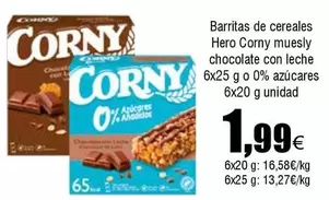 Oferta de Corny - Barritas De Cereales Muesly Chocolate Con Leche 6x25 O 0% Azucares por 1,99€ en Froiz