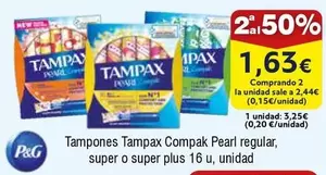 Oferta de Tampax - Tampones Compak Pearl Regular, Super O Super Plus 16 U, Unidad por 3,25€ en Froiz