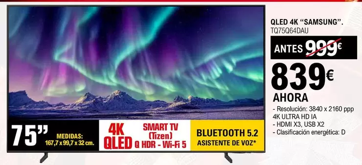 Oferta de Samsung - Qled 4K TQ75Q64DAU por 839€ en E.Leclerc