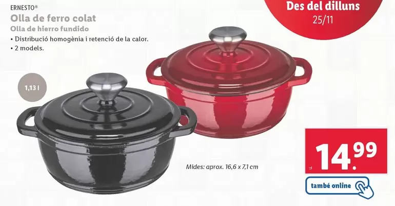 Oferta de Ernesto - Olla De Hierro Fundido por 14,99€ en Lidl