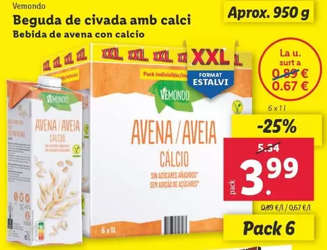 Oferta de Vemondo - Bebida De Avena Con Calcio por 3,99€ en Lidl