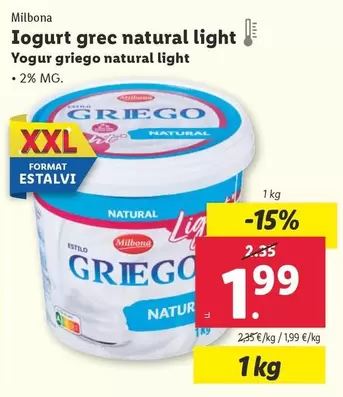 Oferta de Milbona - Yogur Griego Natural Light por 1,99€ en Lidl