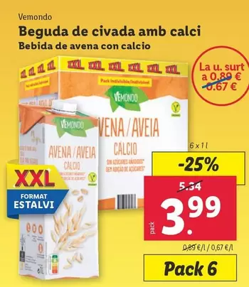 Oferta de Vemondo - Bebida De Avena Con Calcio  por 3,99€ en Lidl