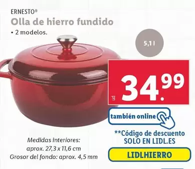 Oferta de Ernesto - Olla De Hierro Fundido por 34,99€ en Lidl