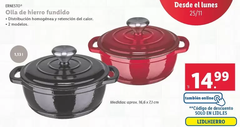 Oferta de Ernesto - Olla De Hierro Fundido por 14,99€ en Lidl