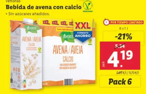 Oferta de Vemondo - Bebida De Avena Con Calcio por 4,19€ en Lidl