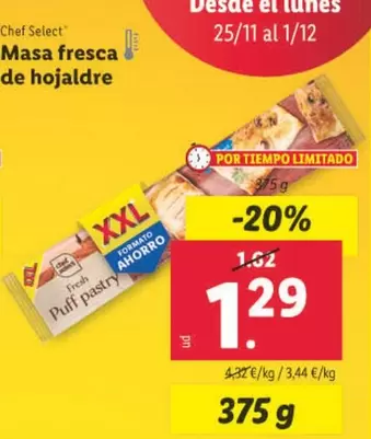 Oferta de Chef select - Masa Fresca De Hojaldre por 1,29€ en Lidl