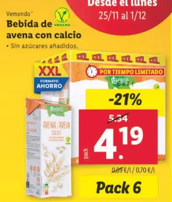 Oferta de Vemondo - Bebida De Avena Con Calcio por 4,19€ en Lidl