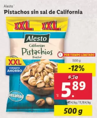 Oferta de Alesto - Pistachos Sin Sal De California por 5,89€ en Lidl