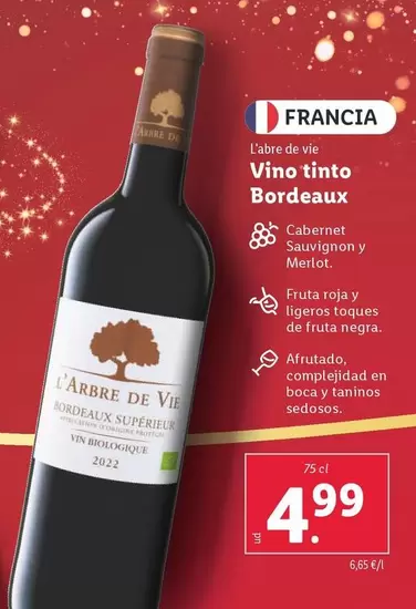 Oferta de L'Arbre De Vie - Vino Tinto Bordeaux  por 4,99€ en Lidl