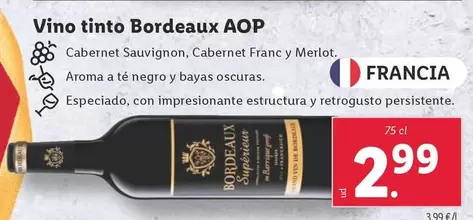 Oferta de Vino Tinto Bordeaux AOP por 2,99€ en Lidl