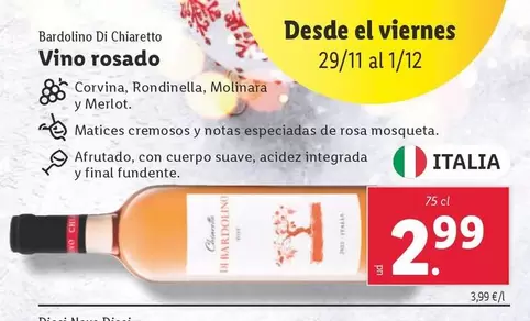 Oferta de Bardolino Di Chiaretto - Vino Rosado por 2,99€ en Lidl