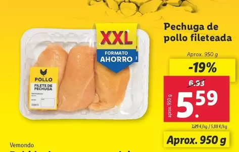 Oferta de Pechuga De Pollo Fileteada por 5,59€ en Lidl