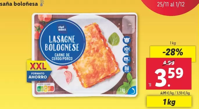 Oferta de Chef Select - Lasaña Boloñesa por 3,59€ en Lidl