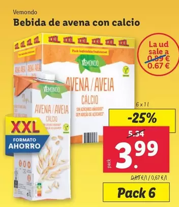 Oferta de Vemondo - Bebida De Avena Con Calcio por 3,99€ en Lidl