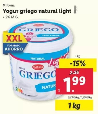 Oferta de Milbona - Yogur Griego Natural Light por 1,99€ en Lidl