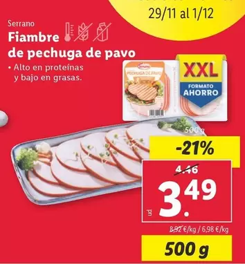 Oferta de Serrano - Fiambre De Pechuga De Pavo por 3,49€ en Lidl