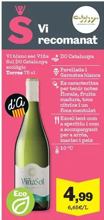 Oferta de Vi Blanc Seco Vina DO Catalunya por 4,99€ en Sorli