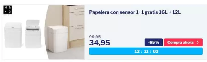 Oferta de Papelera Con Sensor 1+1 Gratis 16l + 12l por 34,95€ en Outspot