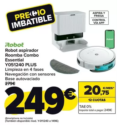 Oferta de Irobot - Robot Aspirador Roomba Combo Essential Y051240 Plus por 249€ en Carrefour