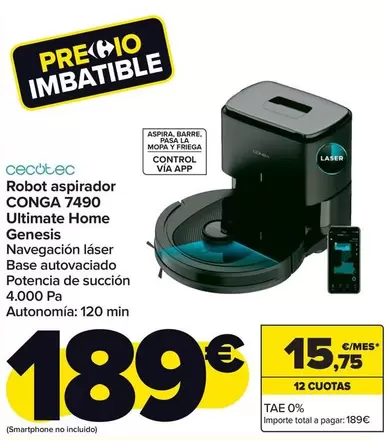 Oferta de Cecotec - Robot Aspirador Conga 7490 Ultimate Home Genesis por 189€ en Carrefour