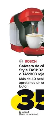 Oferta de Bosch - Cafetera De Cápsulas Style TAS1102 Negra O TAS1103 Roja por 35€ en Carrefour