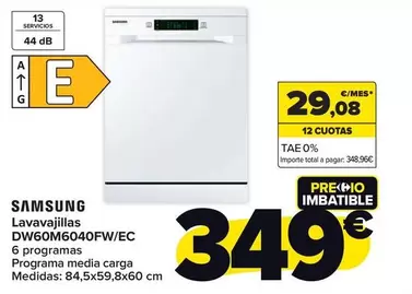 Oferta de Samsung - Lavavajillas  Dw60m6040fwec por 349€ en Carrefour