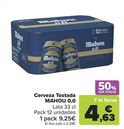 Oferta de Mahou - Cerveza Tostada 0,0 por 9,25€ en Carrefour