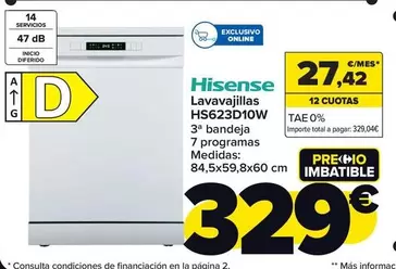 Oferta de Hisense - Lavavajillas HS623D10W por 329€ en Carrefour