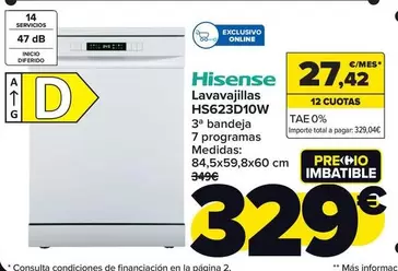 Oferta de Hisense - Lavavajillas HS623D10W por 329€ en Carrefour