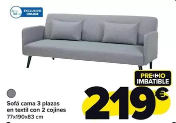 Oferta de Sofa Cama 3 Plazas En Textil Con 2 Cojines por 219€ en Carrefour