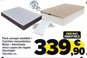 Oferta de Pack Canapé Abatible + Colchon Viscoelastico Brisa + Almohada Visco Copos De Regalo Dormidan por 339,9€ en Carrefour