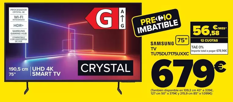 Oferta de Samsung - Tv Tu75du7175uxxc por 679€ en Carrefour